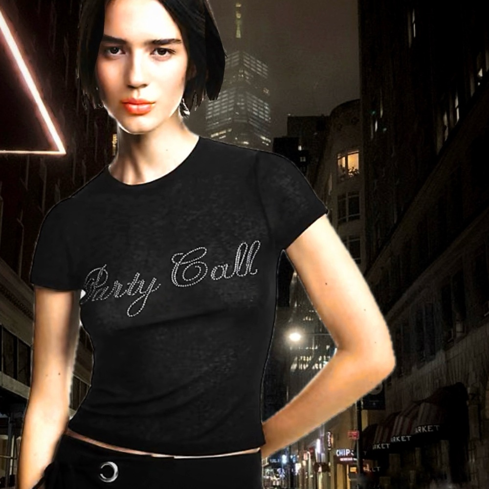 Night Out “Party Call” Bling Mesh Tee NWT